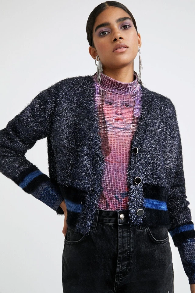 Женский укороченный кардиган Desigual Moon Night темно-синий блестящие нити с v-образным вырезом размер S