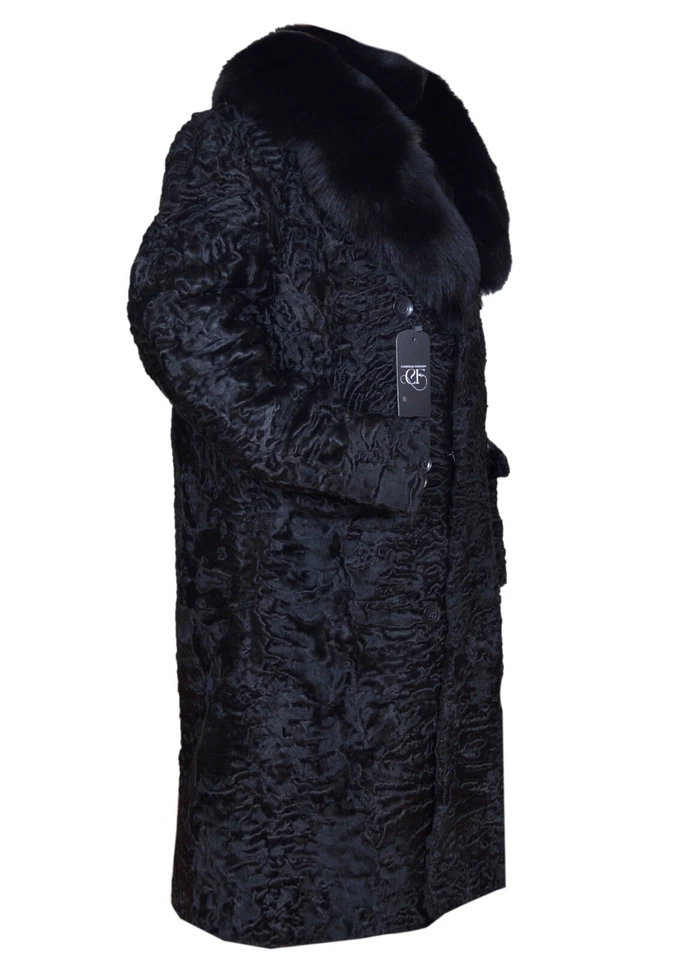 Abrigo largo de piel de cordero persa real negro para hombre cuello de piel de zorro todas las tallas venta previa Foto 4 de 4