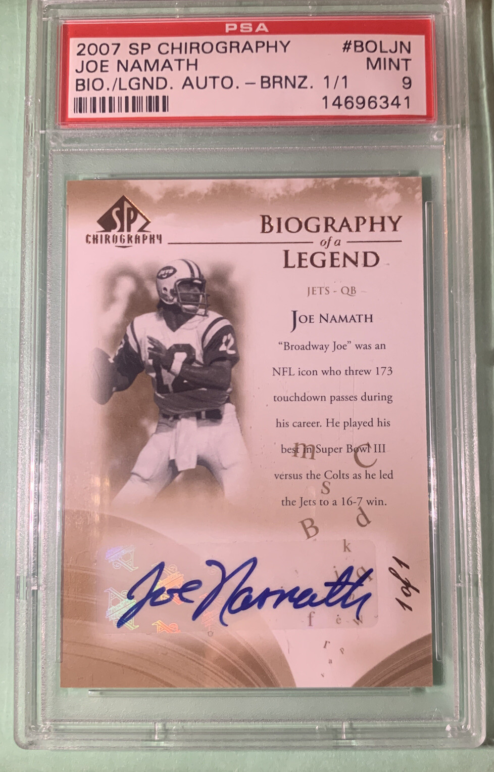 Joe Namath Autographed Signed 2007 sp chirography 1 of 1 biography of a legend 1/1! psa 9 