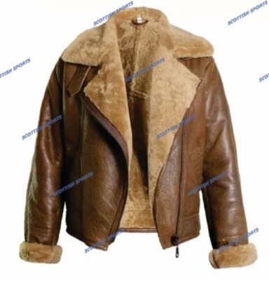 Women RAF B3 Bomber Real Sheepskin Leather Brown Aviator Flying Fur Jacket