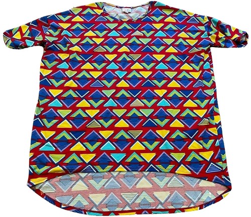 LuLaRoe Irma Top Sz L Fuchsia/Blue/Yellow Geometric Diamond Print