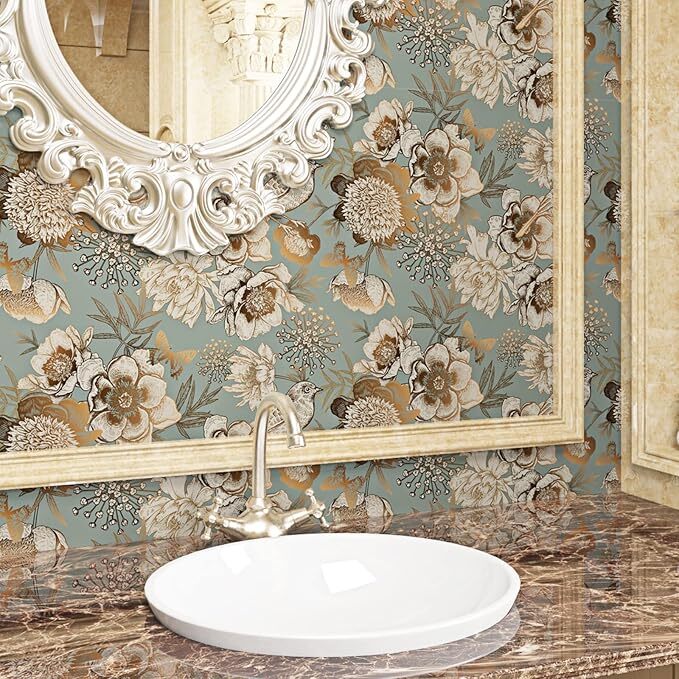 17.5in×39ft Gold Peel and Stick Wallpaper Vintage Floral Wallpaper Gold