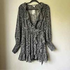 Topshop Black & White Star Print Ruffle Long Sleeve Wrap Dress 6 NWT