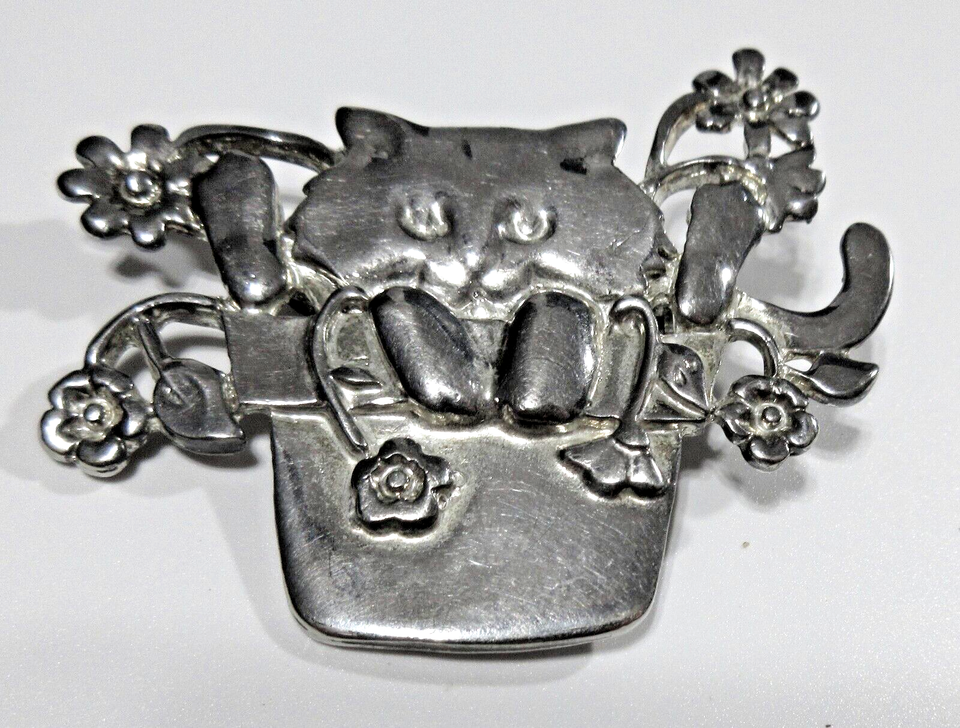 VTG UNUSUAL big silver tone metal CAT Feline in a plant flower pot