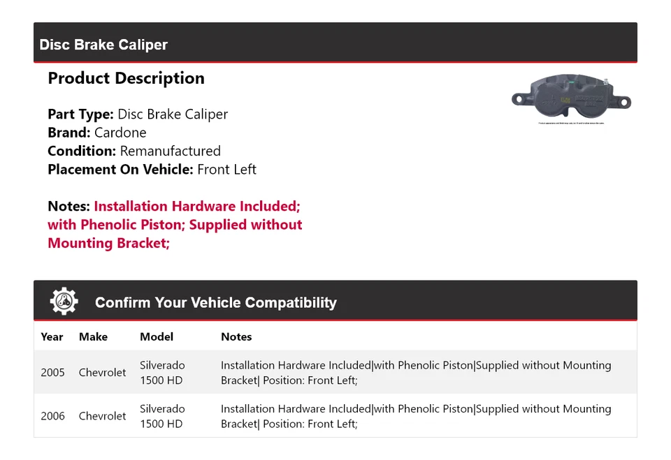 Pinza de freno de disco delantera izquierda cardone para Chevrolet Silverado 1500 HD 2005-2006 Foto 2 de 4