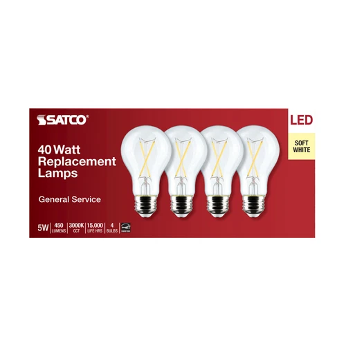 4 Pack Satco S12461 LED Filament 5W =40W A19 Medium E26 Clear 3000K Soft White - Picture 8 of 11