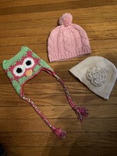 3 Girls Winter Hats Crocheted Owl  2 others no sz
