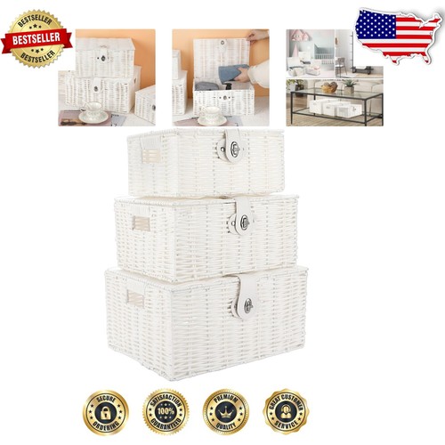 Durable Stackable Wicker Baskets with Flip Top Lid - Set of 3 for Home Décor