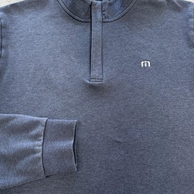Travis Mathew Sweatshirt Mens L Blue Pullover 1/4 Zip Mock Neck Fleece Logo