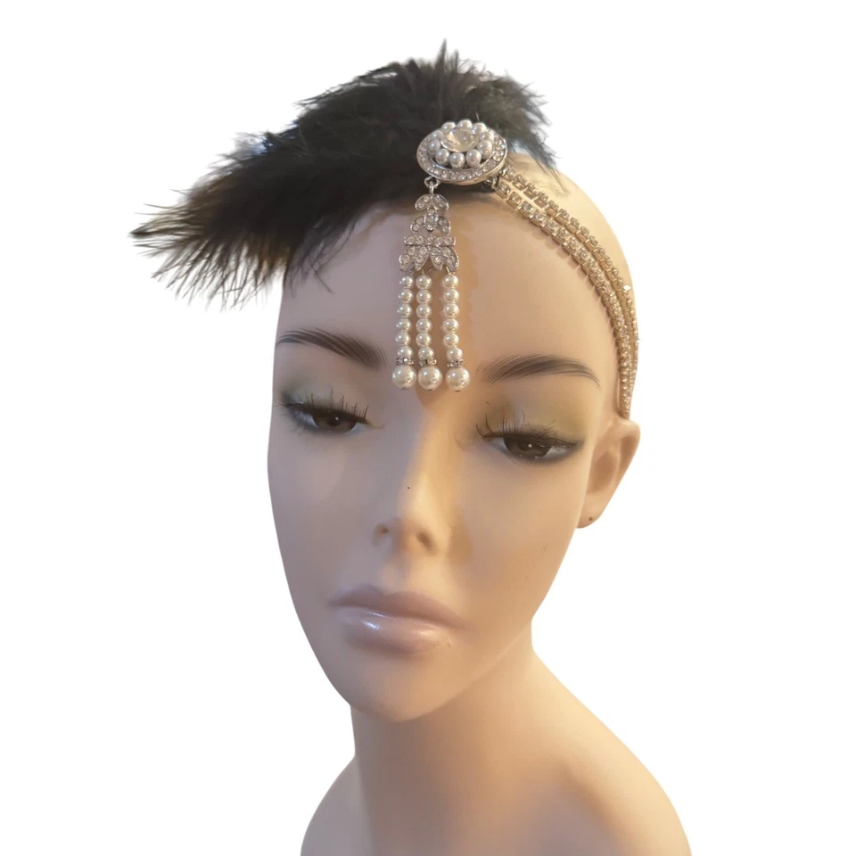 Flapper Headband Black Feather Rhinestone faux Pearls 1920s style Head Piece EUC - Image 2 of 4