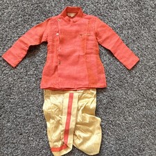 Boys Indian Kurta Pajama Set Red/Gold Size S Silk Blend Jacquard 2pc
