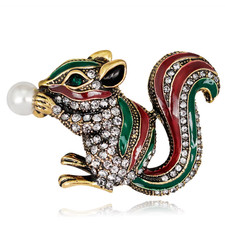 Vintage Gold Squirrel Brooch Sparkling Crystal Pearl Animal Pin Autumn Fall Gift