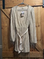 Lulus Beige Beaded Mesh Wrap Mini Dress Long Balloon Sleeve Belted Size S