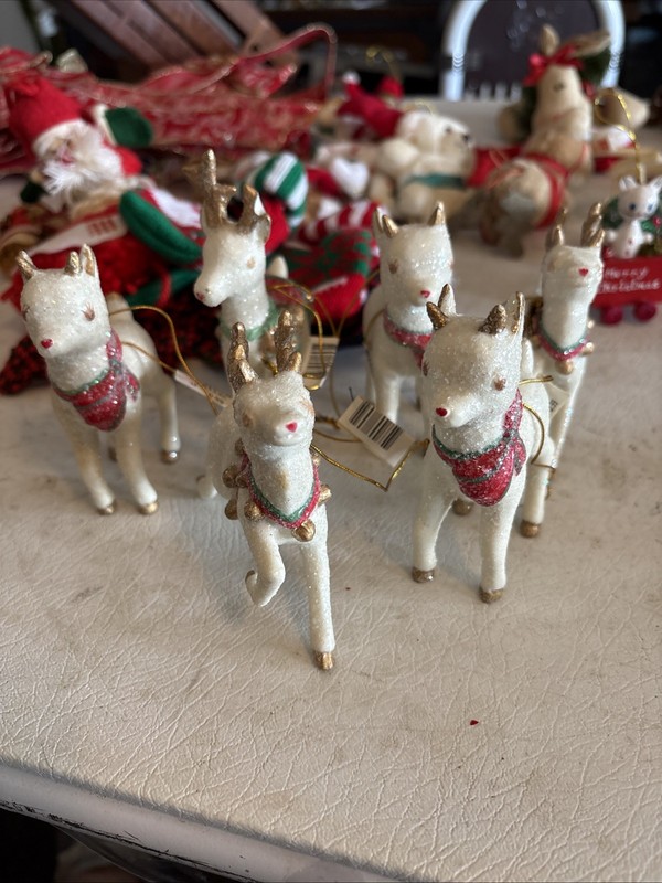 6 Vtg Sugared Glitter Flocked White Red Gold Ceramic Reindeer Deer Ornament