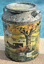 Decorative Tin Metal Houston Harvest Milk Can Countryside Farm Scene w/Lid 13.5"