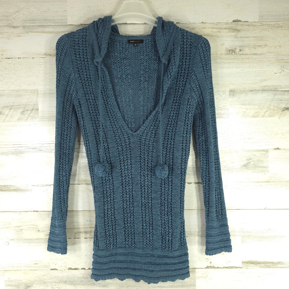 BCBG MAXAZRIA MUJER TALLA MEDIANA VERDE AZULADO ACRÍLICO SUÉTER CON CAPUCHA CUELLO EN V *USADO EN EXCELENTE ESTADO* Foto 2 de 4