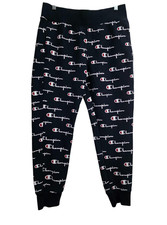 Champion Sweatpants Mens Large Black Reverse Weave Logo Print Fleece Joggers