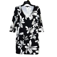 Boston Proper Dress Women's S Black White Floral V Neck Feminine Cocktail Party 