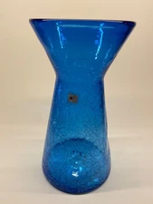 Blenko Vintage 8719L Azure Crackle Vase with Intact Sticker. One year only des.