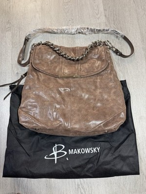 B Makowsky Leather Shoulder Bag Brown Distressed Large Hobo Leopard Lining