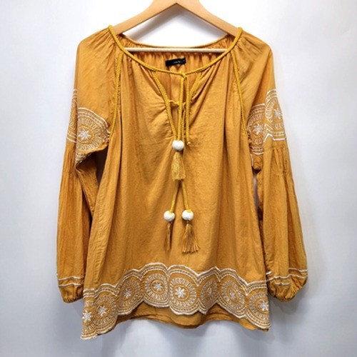 Linjia Shop Embroidered Top Womens Size Small Mustard Yellow Boho Tassels
