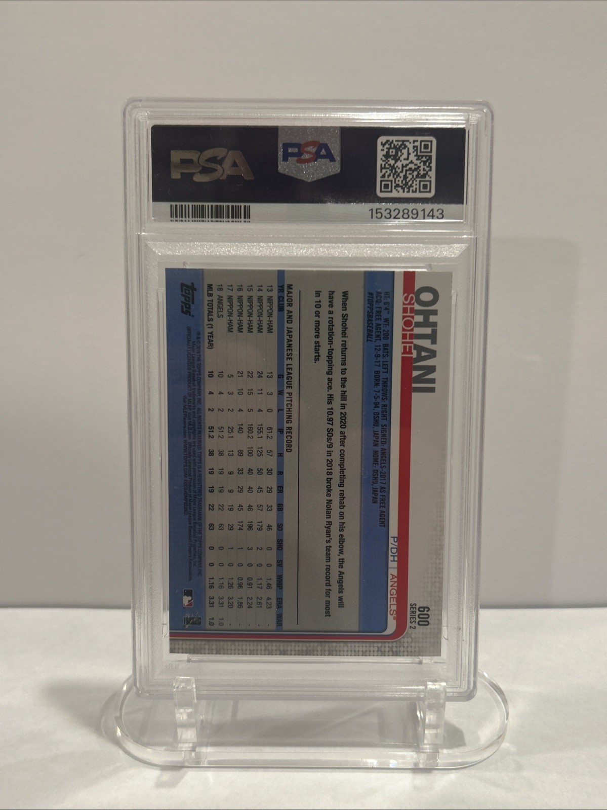 2019 Topps Shohei Ohtani #600 PSA 9 Mint Rookie Cup Pitching Angels Dodgers view 2