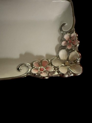 Floral Ceramic Trinket Tray with Silver Rim Pink Flower Vanity Dish Shabby Chic - 第 2/7 張圖片