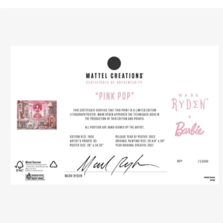 MARK RYDEN X BARBIE ROSA POP IMPRESIÓN LITOGRAFÍA FIRMADA #736 PELÍCULA MATTEL COMO NUEVA Foto 4 de 4