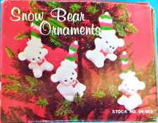 Adorable! SET OF 4 Porcelain Snow Bear Ornaments with red & green knit hats NIB 