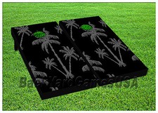 PARADISE NIGHT Cornhole Boards BEANBAG TOSS GAME w Bags Palm Trees Black Grey