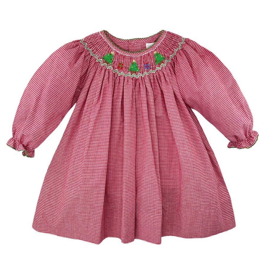 christmas tree smocked dress Pink Christmas Tree Smocked Dress