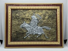FOLK ART 🖼️ Mongolian Wooden Hand Carved Ghengis Khan Painted Relief in Frame
