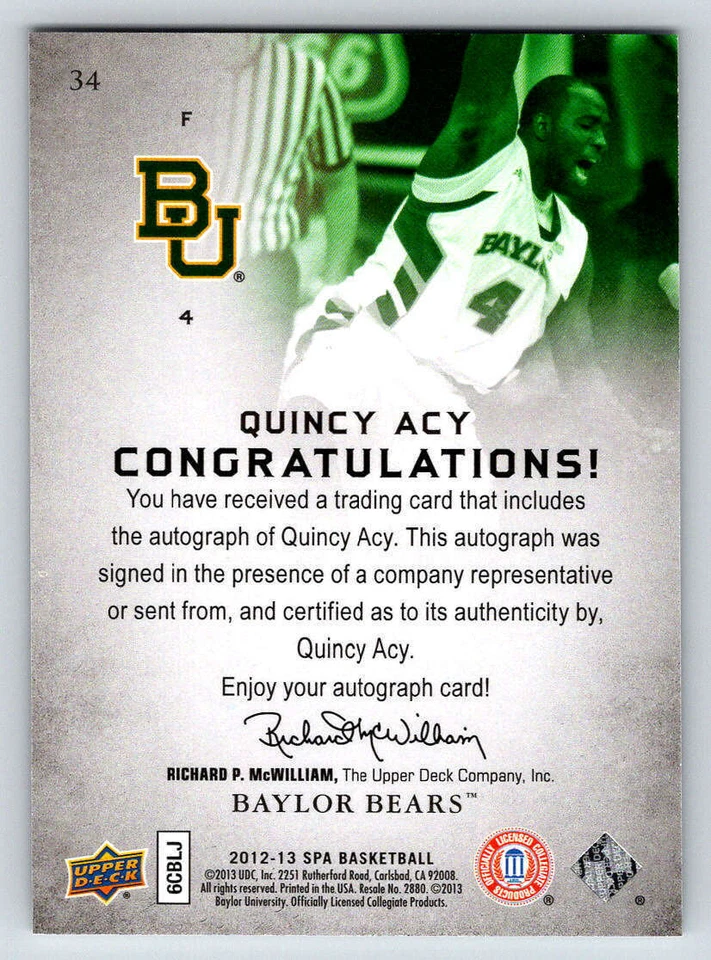 2012-13 SP Authentic Autographs #34 Quincy Acy E (ref 186515) - Image 2 of 2