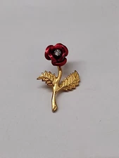 Red Flower Gold Tone Stem Leaf Lapel Pin
