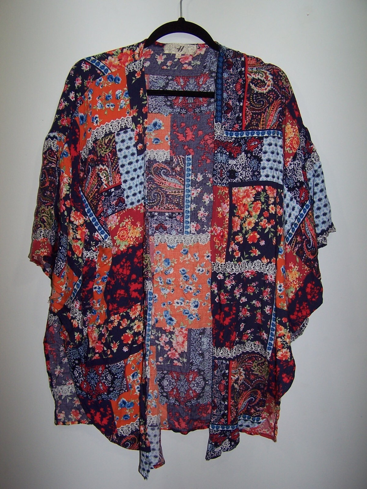 H - Multicolor Patchwork Pattern Boho Kimono Size… - image 1