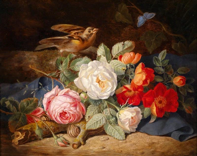 Canvas Print Oil painting Picture Still Life flowers & Bird on canvas L414