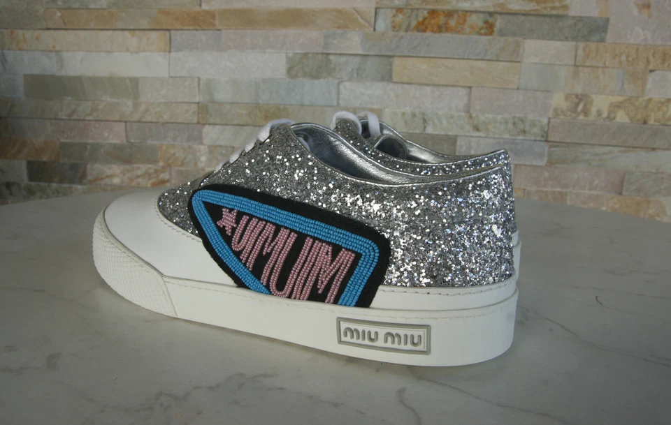 Miu Miu 37 Tenis Zapatos Con Cordones Brillo Plata 5E076B NUEVO Antiguo PVP 595 € Foto 4 de 4