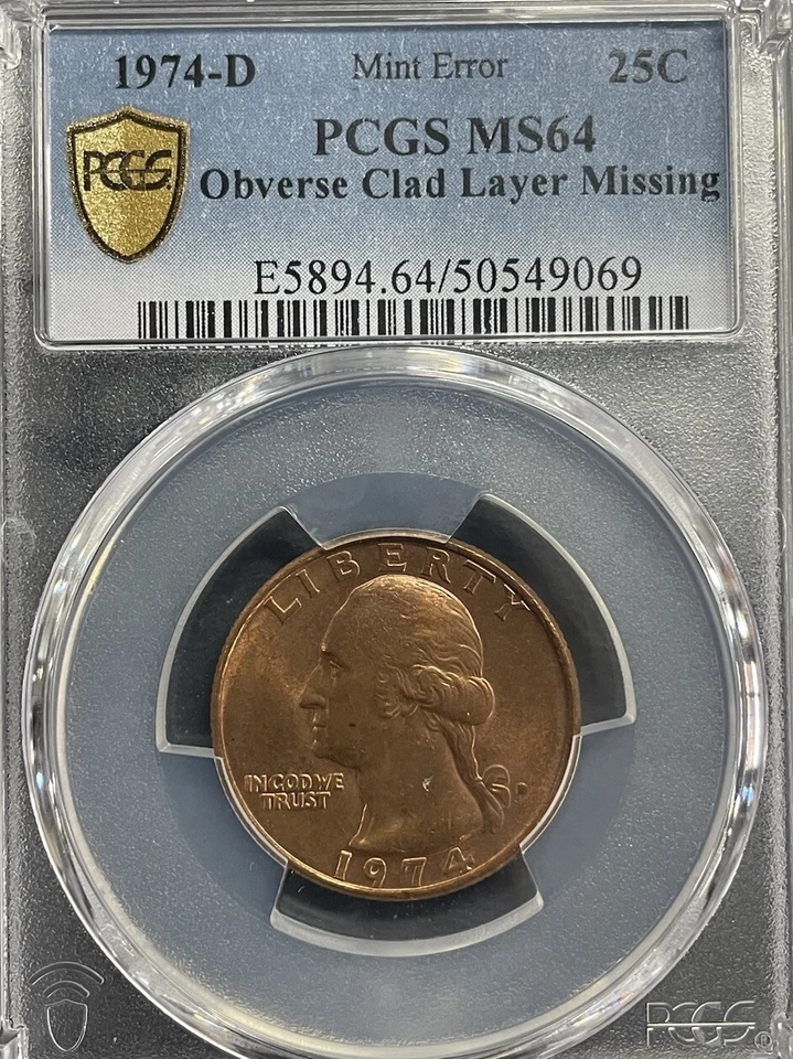 1974 D 25C Quarte Dollars Minit Error PCGS MS64 Obverse Clad Láyer Missing - Image 2 of 3