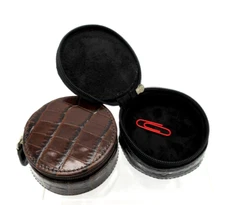 Jewelry Trinket Case Travel Leather w Suede Interior 3" Round Zipper Brown Croc