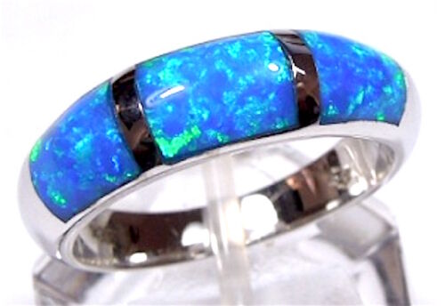 Blue Fire Opal Inlay 925 Sterling Silver Men's, Woman Band Ring sizes 6 -13 - Picture 1 of 2