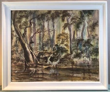 G Friedrick 1970s Framed Oil Painting Rainforest Scene