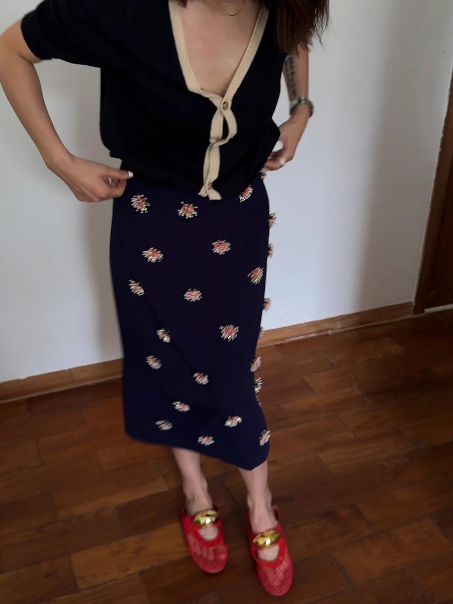 送料関税込【Dries Van Noten】High waisted skirt スカート Dries Van Noten Three-dimensional Handmade Flower Bead High