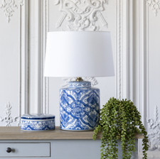 Blue & White Ceramic Table Lamp White Shade, Stylish Geometric Ruban Light