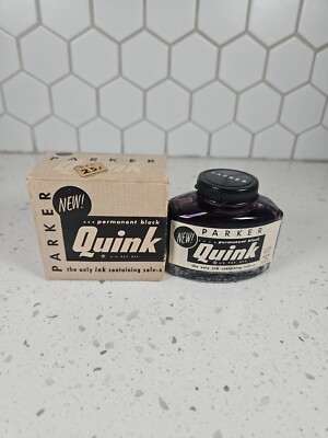 PARKER QUINK Vintage Permanent Black Fountain Pen Ink Glass Bottle & Box