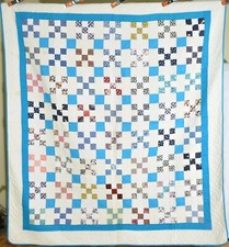 Large BEAUTIFUL 30's Nine Patch Antique Quilt Solid Blue Accents 