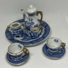 Vintage Norcros Blue Willow Miniature Tea Set for 2 Gold Trim 9 pc Doll House