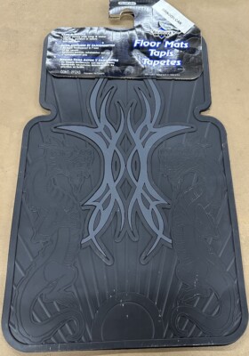 NEW 2 PC PLASTICOLOR GRAY FIRE DRAGON FRONT CAR AUTO FLOOR MATS RARE