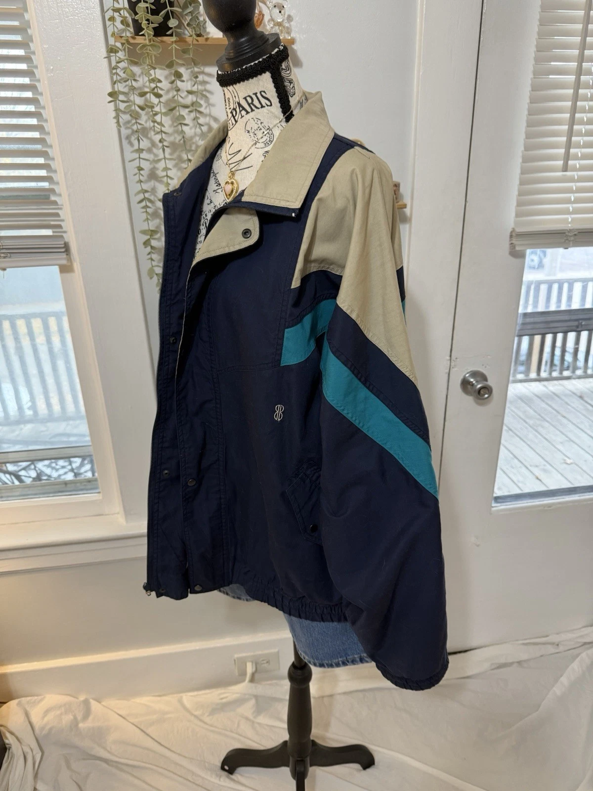 Bill Blass Men's Colorblock Windbreaker Jacket Full Zip Navy Beige Teal L - product detail image 3