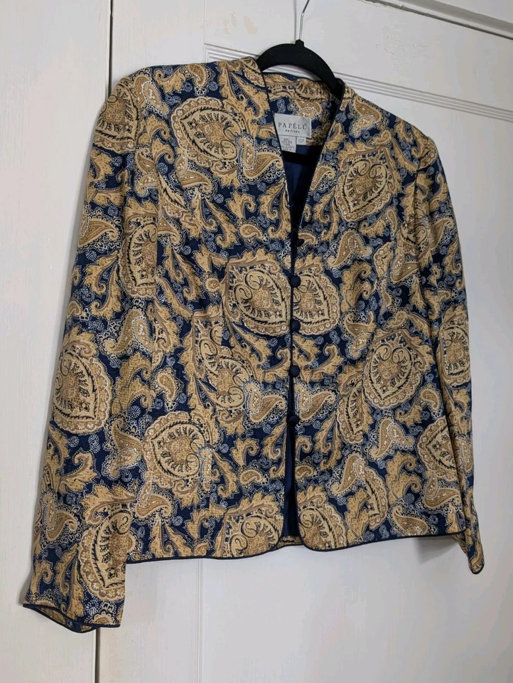 Chaqueta Papell Petites Vintage 10P 100% Seda Brocado Paisley Azul Marino y Forrada en Oro Foto 2 de 4