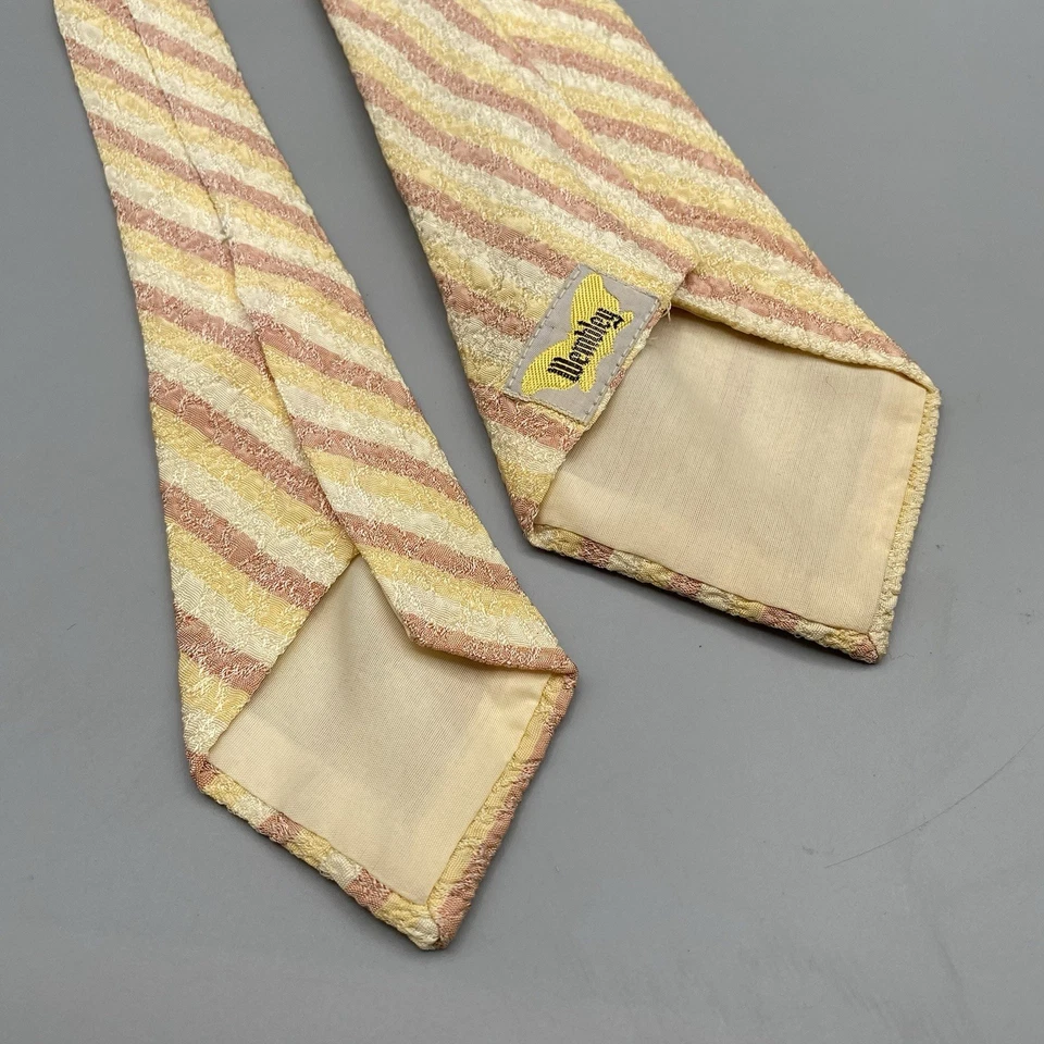 Vtg 40s 50s Wembley Striped Pastel Tie 51 x 3.5 in Pink Yellow Textured Crepe - Image 3 of 4